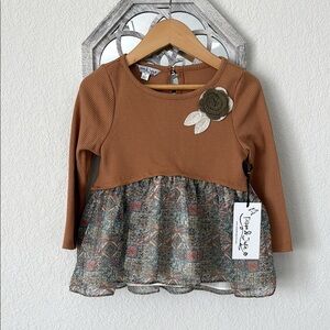 Pippa & Julie • Waffle Knit Blouse with Printed Peplum and Crochet Appliqué